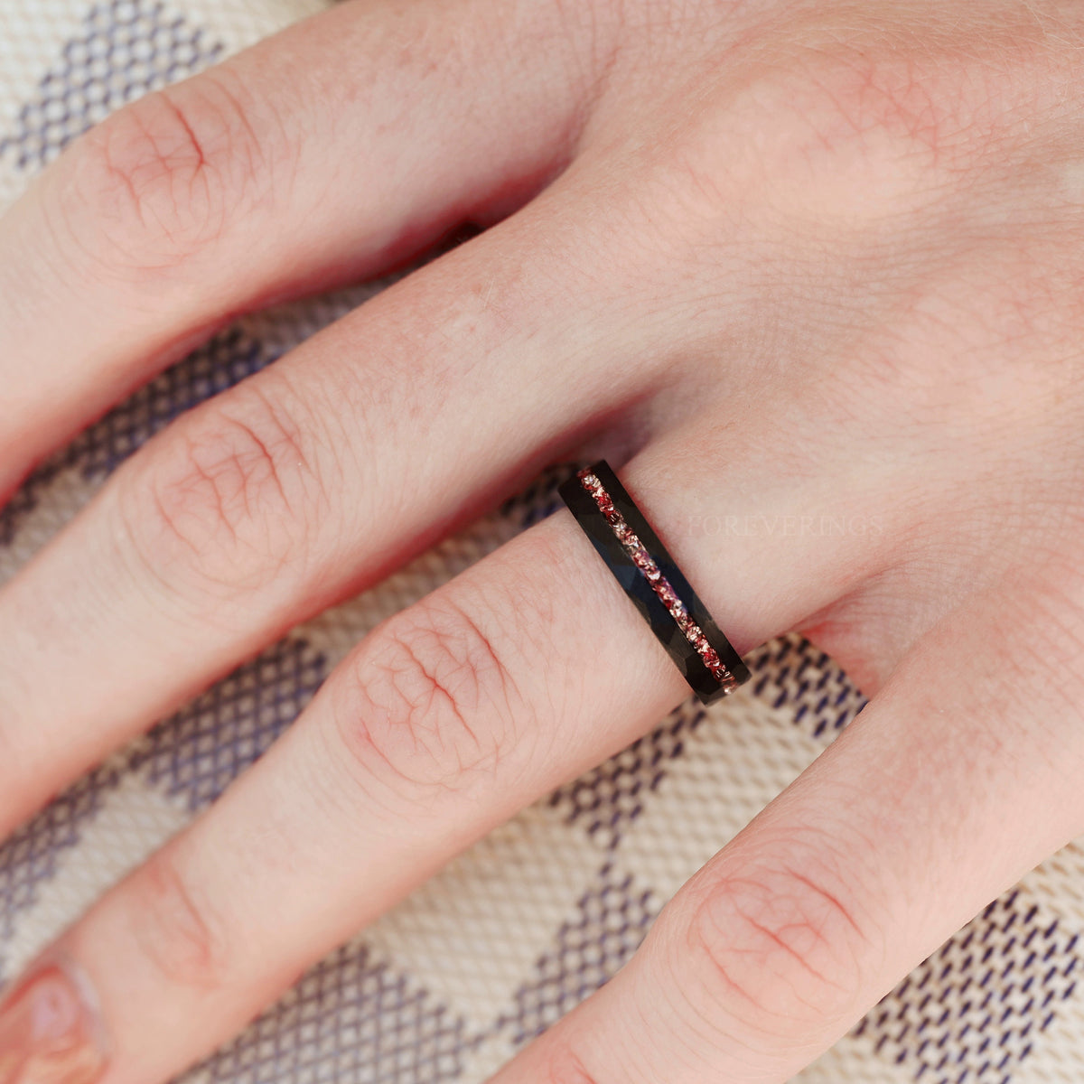 His and Hers MORGANITE Ring Set Black Tungsten Wedding Band, 8mm & 4mm Morganite Glass Stone Ring, Hammered Couples Ring, Ring Engrave