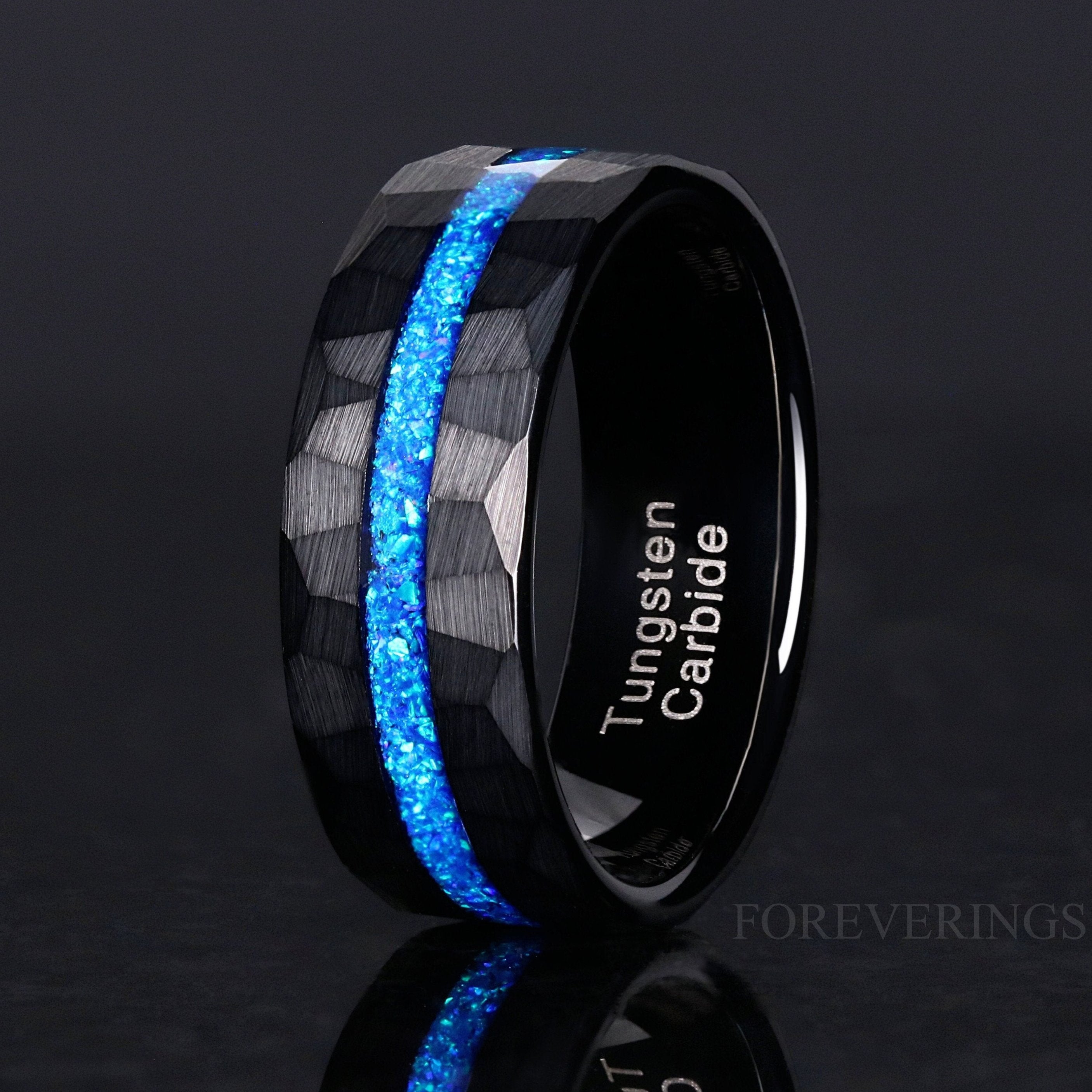 Blue Opal Ring Men, Wedding Band, Black Hammered Ring, Black Tungsten Ring, Matte Brushed, Fire Opal Band, Thin Blue Strip Ring, Engraving