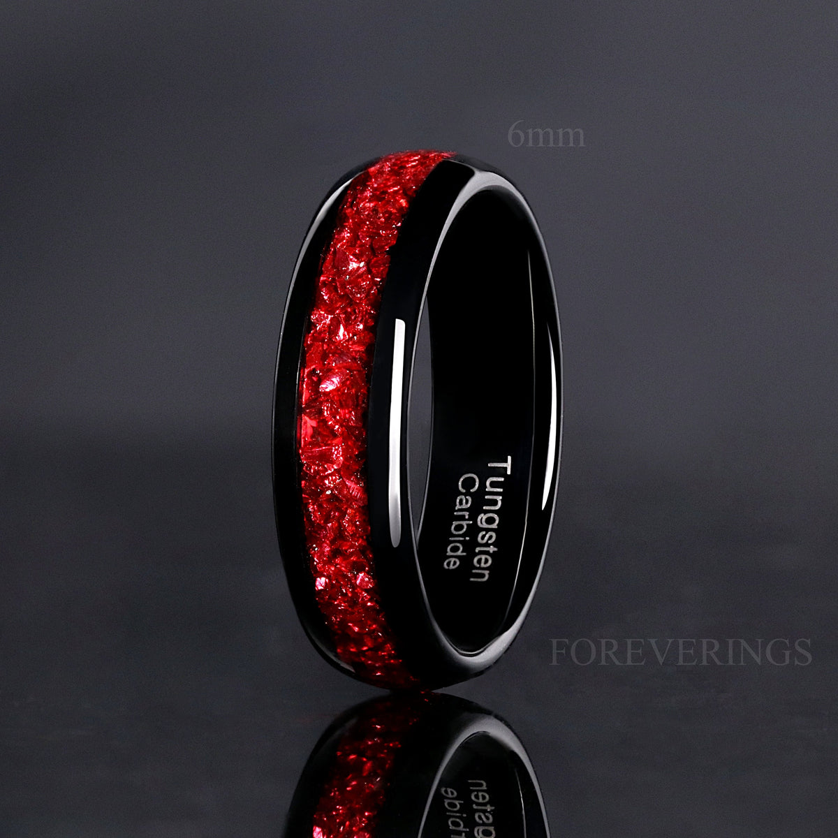 Ruby Red and Black Tungsten Wedding Band, 8mm 6mm 4mm Men Women Ring, Crushed Red German Glass Stones, Polished, Unique Band, Ring Engraving