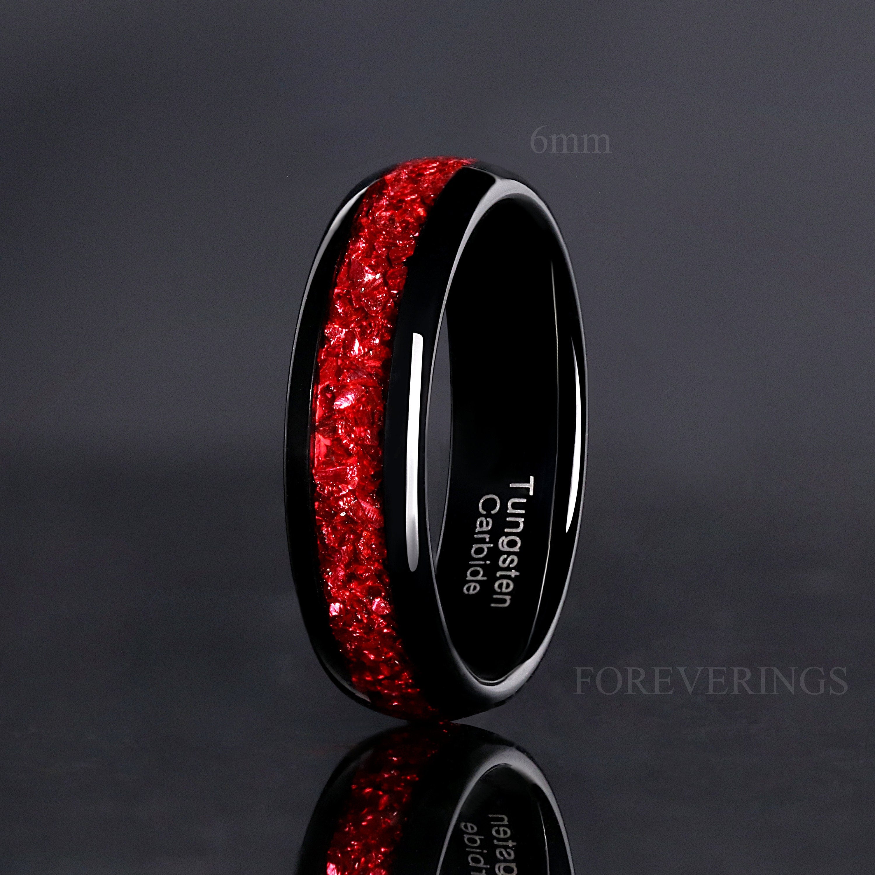 Ruby Red and Black Tungsten Wedding Band, 8mm 6mm 4mm Men Women Ring, Crushed Red German Glass Stones, Polished, Unique Band, Ring Engraving