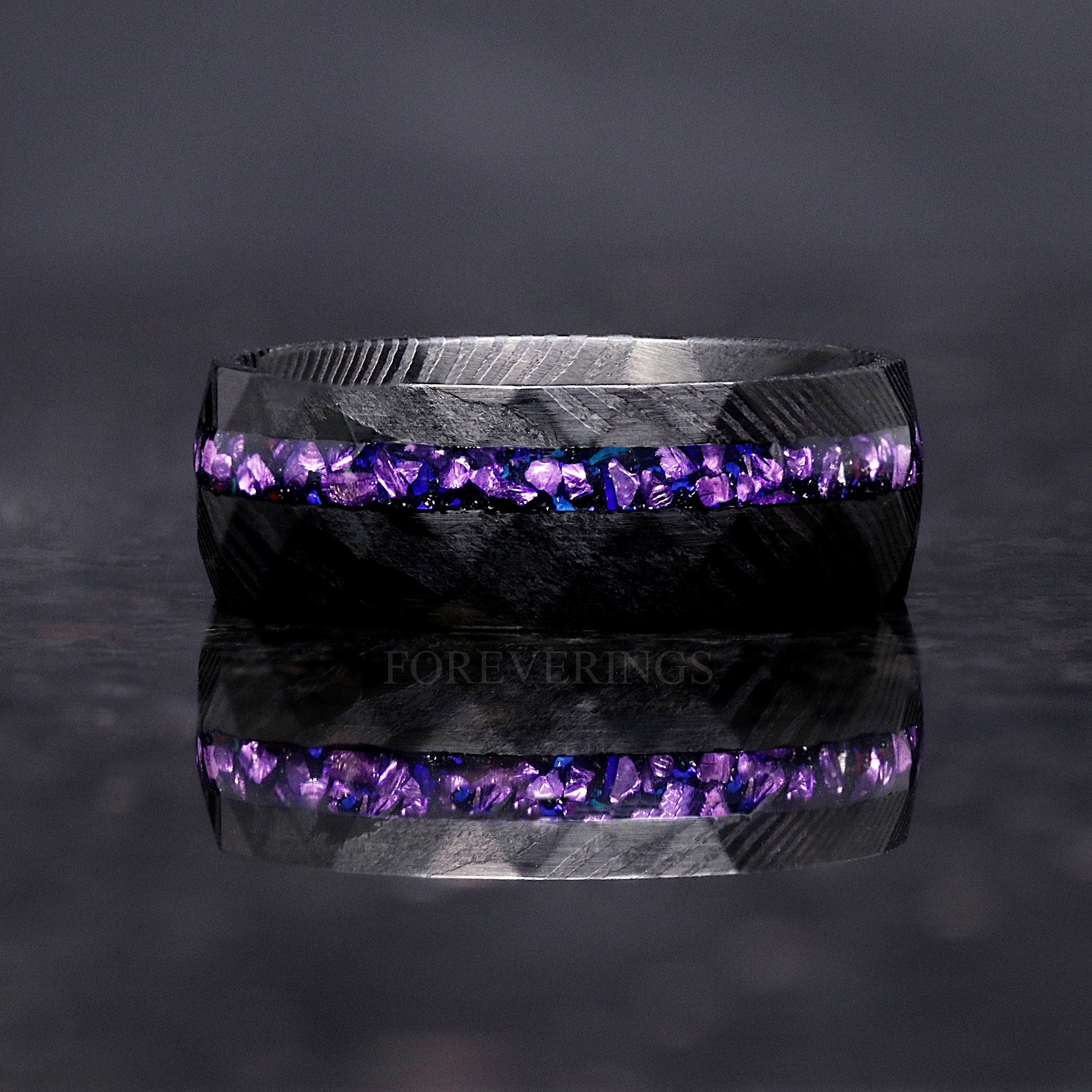 Black Damascus Ring Man, Crab Nebula Ring, Alexandrite Wedding Band, 8mm Facet Hammer Ring, Purple Space Ring, Steel, Unique, Ring Engraving