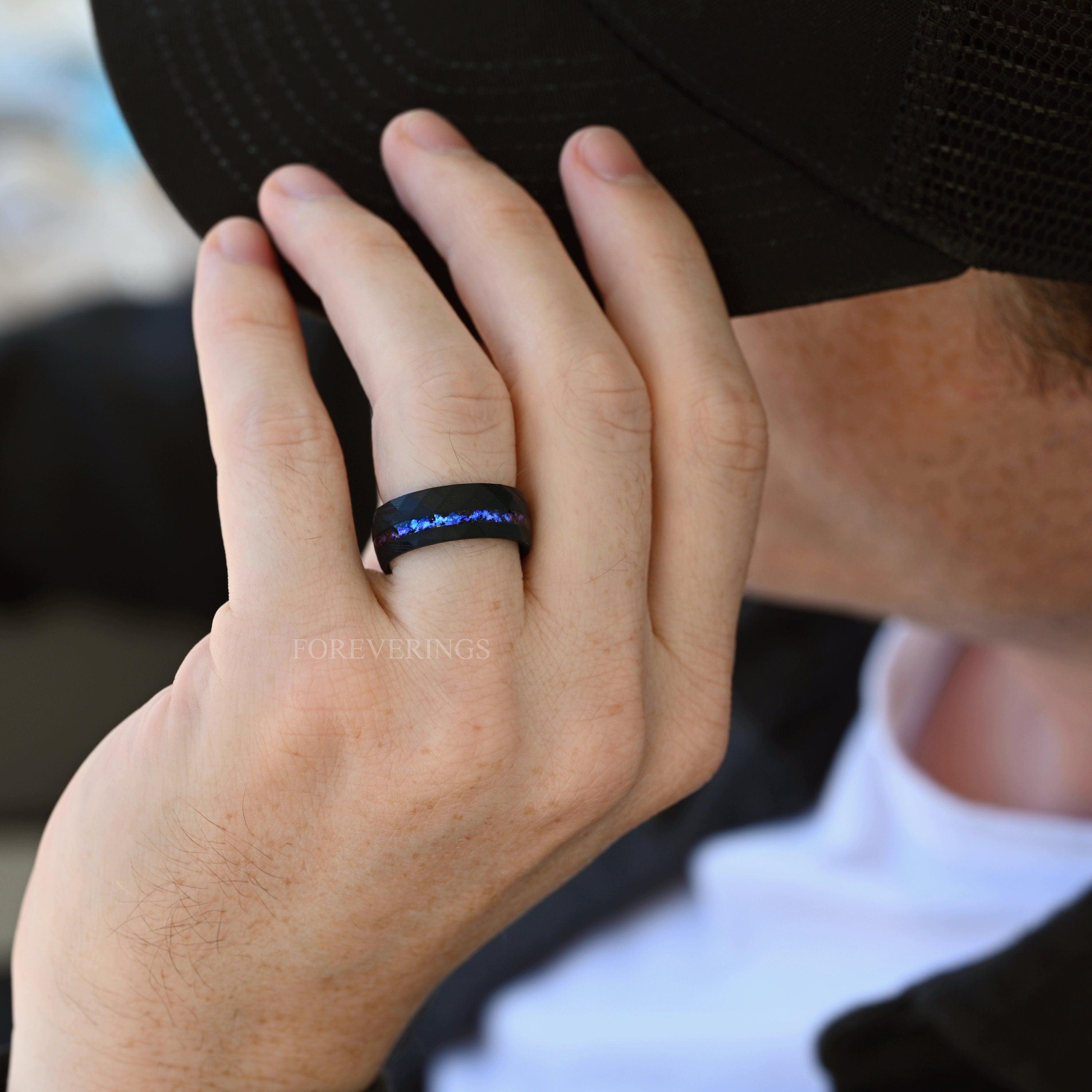 Black Damascus Ring Man, Orion Nebula Wedding Band, Man Facet Ring, Blue Nebula Ring, Hammered Space Ring, Stainless Steel, Ring Engraving