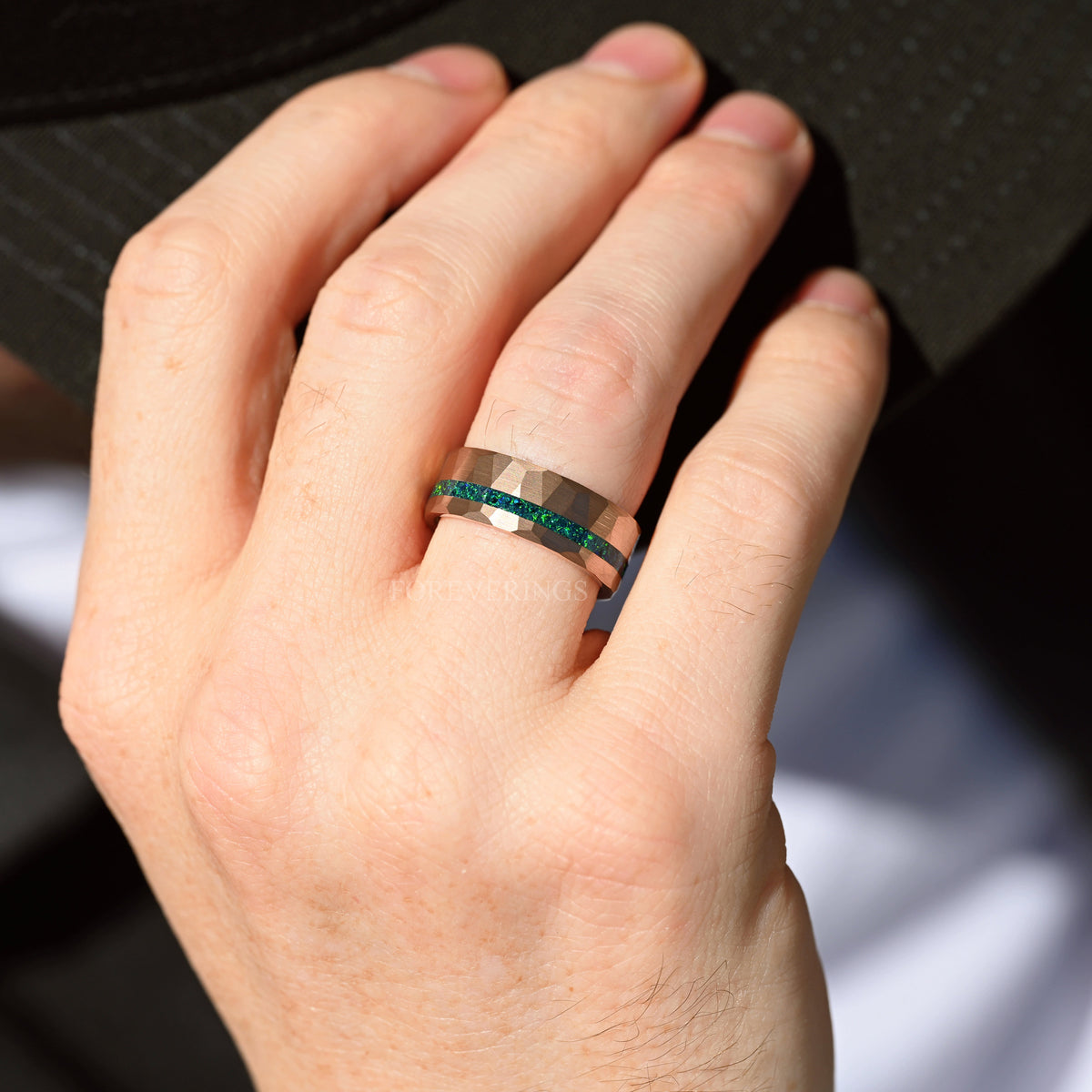 Green Opal Band | Mens Rose Gold Tungsten Ring