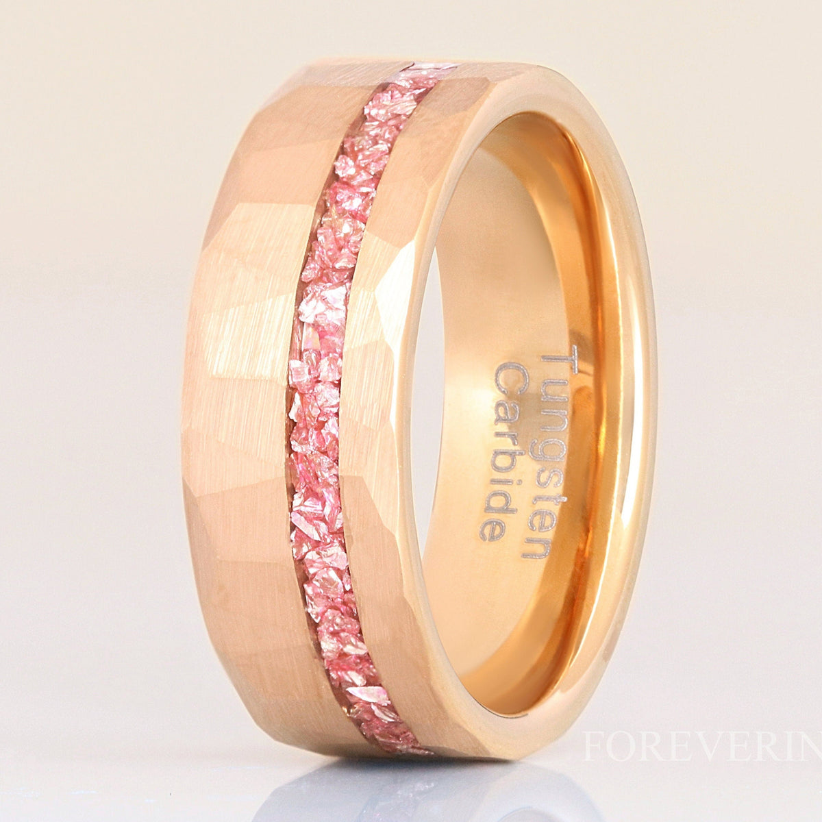 Rose Gold MORGANITE Ring Mens Hammered Tungsten Band, Offset Crushed Morganite Glass Stones, 8mm Man Wedding Band, Matte Brush, Ring Engrave