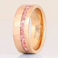 Rose Gold MORGANITE Ring Mens Hammered Tungsten Band, Offset Crushed Morganite Glass Stones, 8mm Man Wedding Band, Matte Brush, Ring Engrave