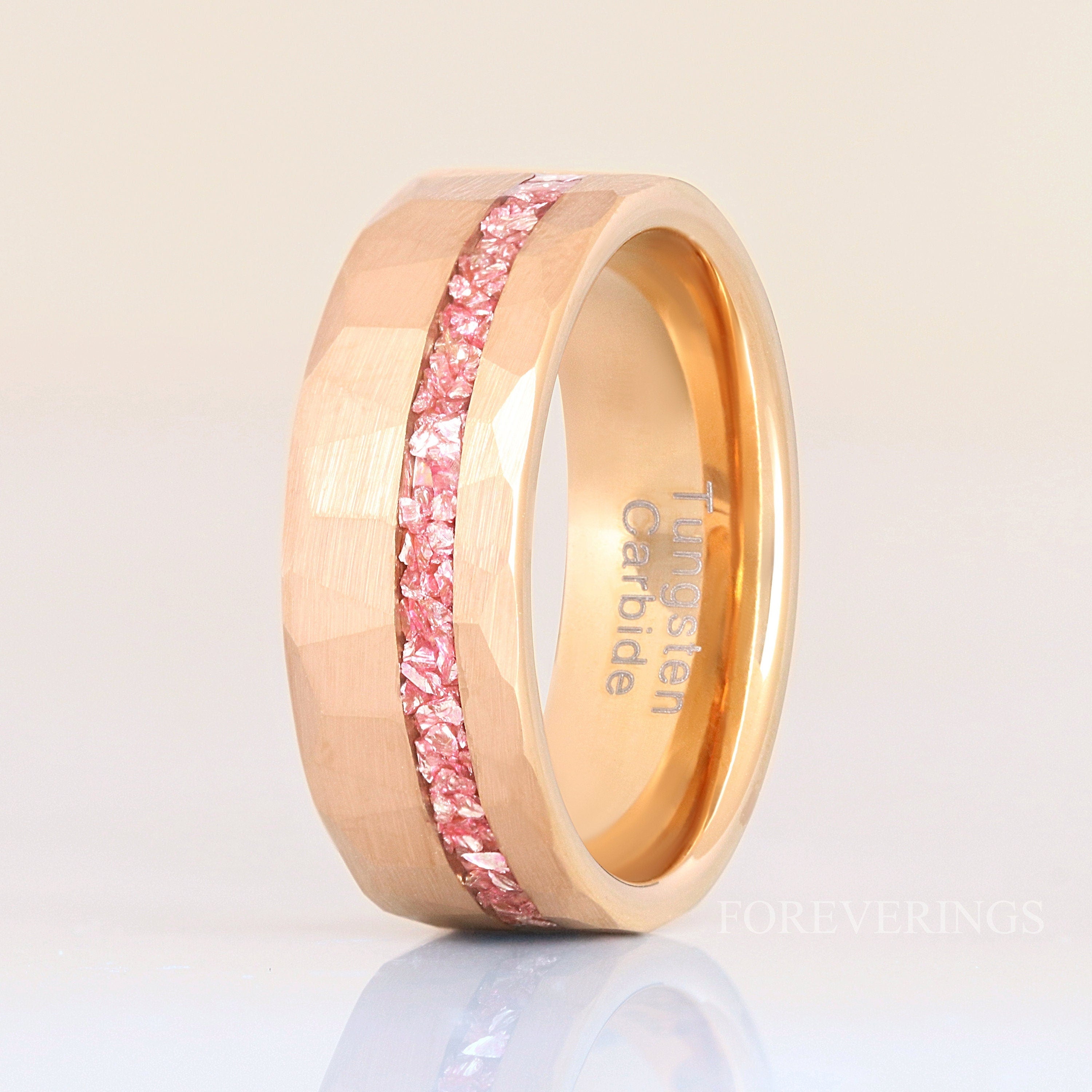 Rose Gold MORGANITE Ring Mens Hammered Tungsten Band, Offset Crushed Morganite Glass Stones, 8mm Man Wedding Band, Matte Brush, Ring Engrave