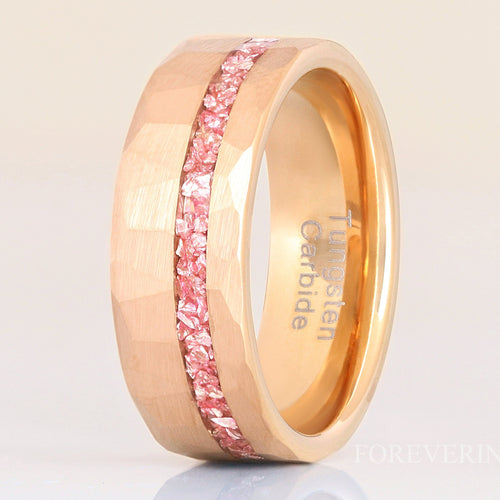 Rose Gold MORGANITE Ring Mens Hammered Tungsten Band, Offset Crushed Morganite Glass Stones, 8mm Man Wedding Band, Matte Brush, Ring Engrave