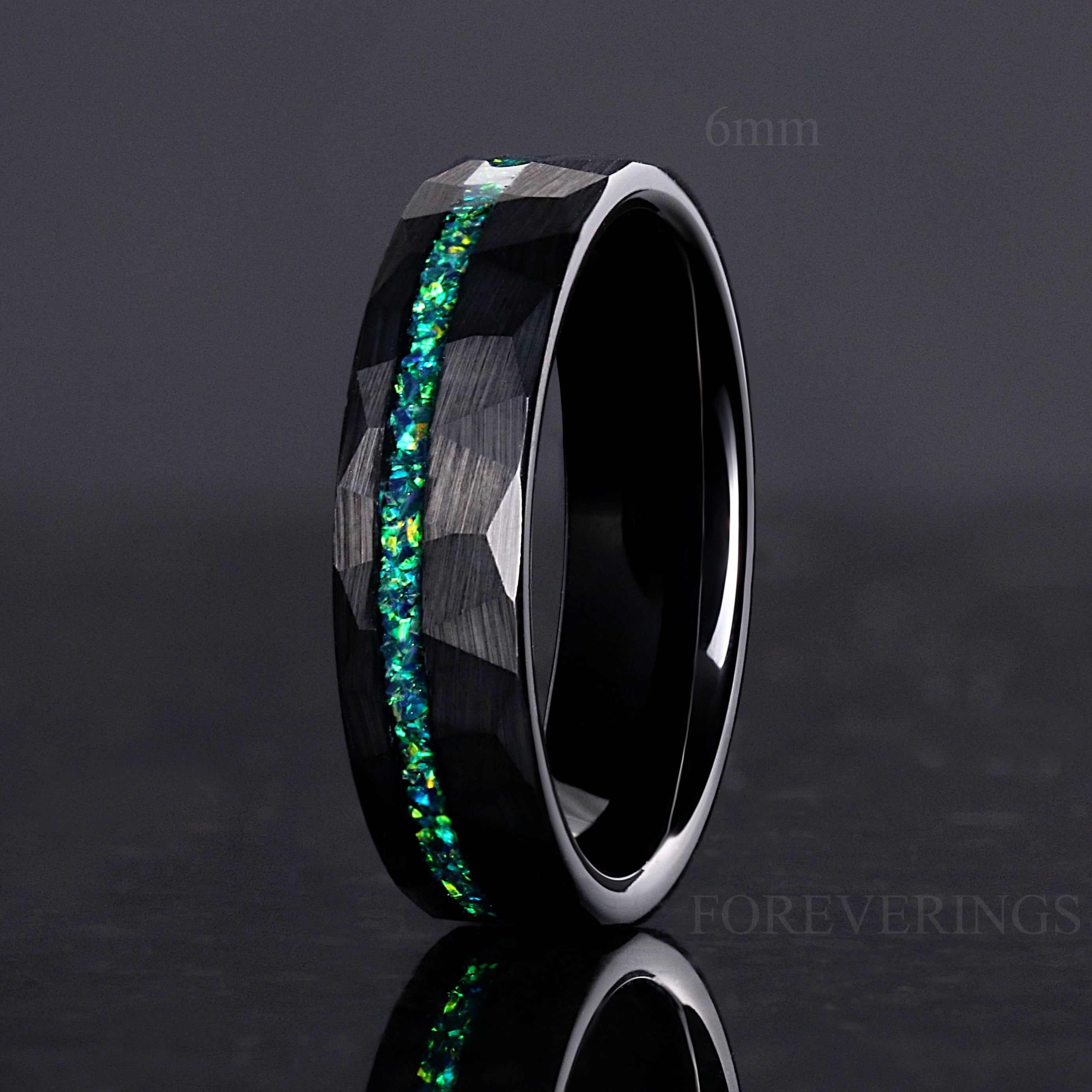 Man Emerald Opal Ring, Hammer Wedding Band, 8mm 6mm Green Ring, Fire Opal, Black Tungsten Ring, Anniversary Gift, Brush, Flat, RingEngrave