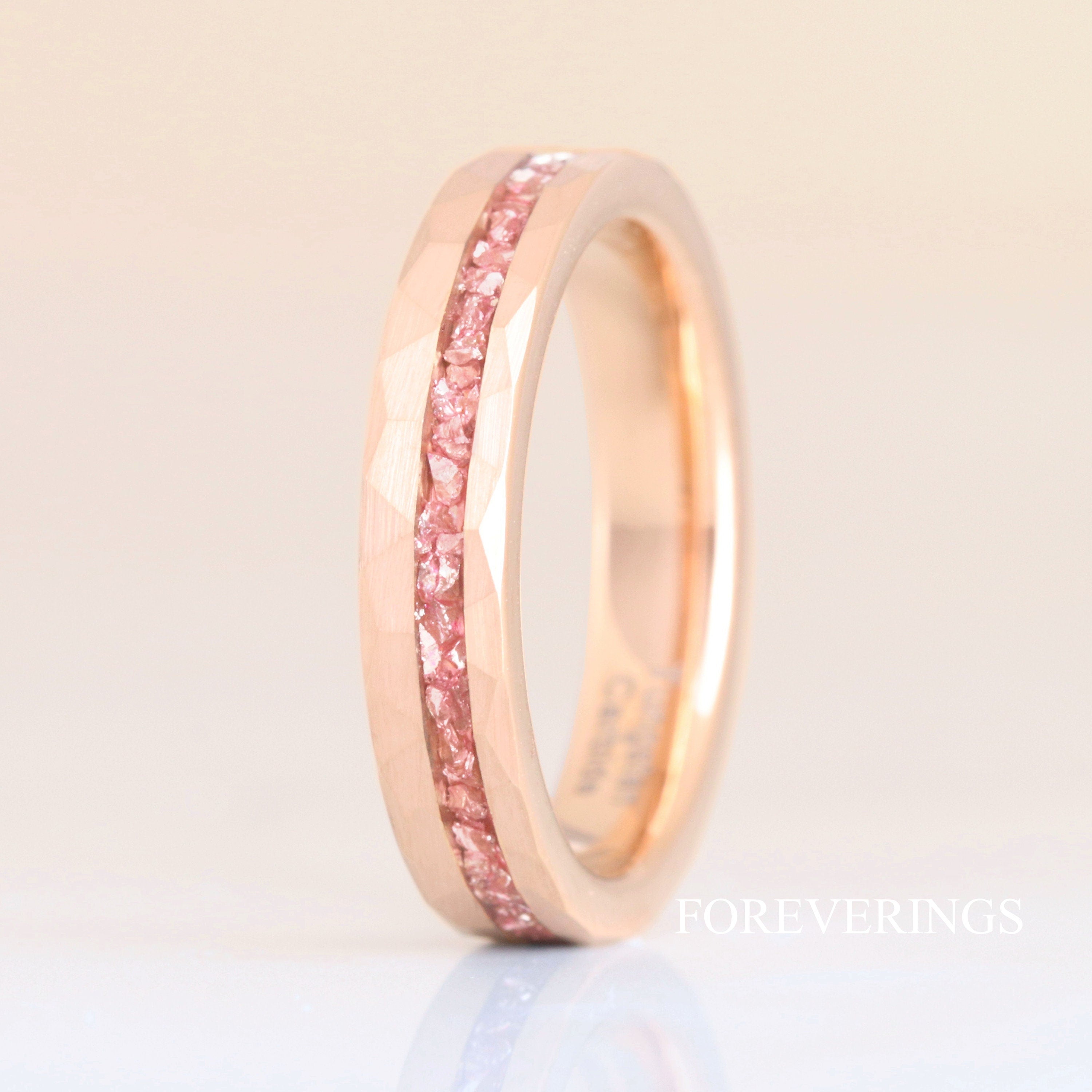 Rose Gold MORGANITE Ring Hammered Tungsten Band, Offset Crushed Morganite Glass Stone, 4mm Man Woman Wedding Band, Matte Brush, Ring Engrave