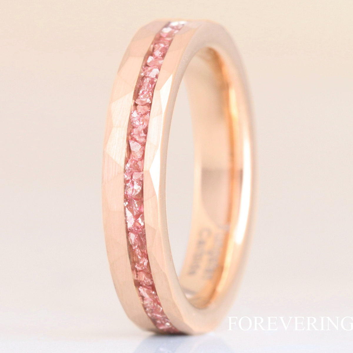 Rose Gold MORGANITE Ring Hammered Tungsten Band, Offset Crushed Morganite Glass Stone, 4mm Man Woman Wedding Band, Matte Brush, Ring Engrave
