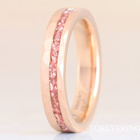 Rose Gold MORGANITE Ring Hammered Tungsten Band, Offset Crushed Morganite Glass Stone, 4mm Man Woman Wedding Band, Matte Brush, Ring Engrave