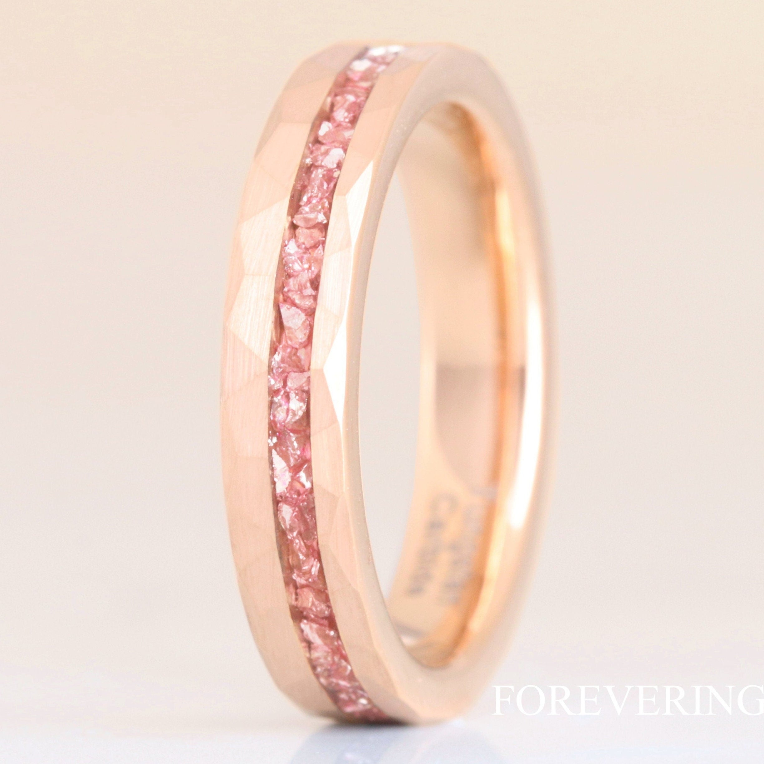 Rose Gold MORGANITE Ring Hammered Tungsten Band, Offset Crushed Morganite Glass Stone, 4mm Man Woman Wedding Band, Matte Brush, Ring Engrave