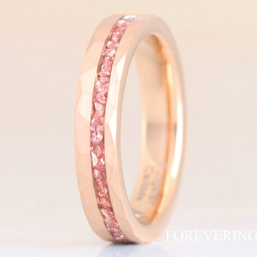 Rose Gold MORGANITE Ring Hammered Tungsten Band, Offset Crushed Morganite Glass Stone, 4mm Man Woman Wedding Band, Matte Brush, Ring Engrave