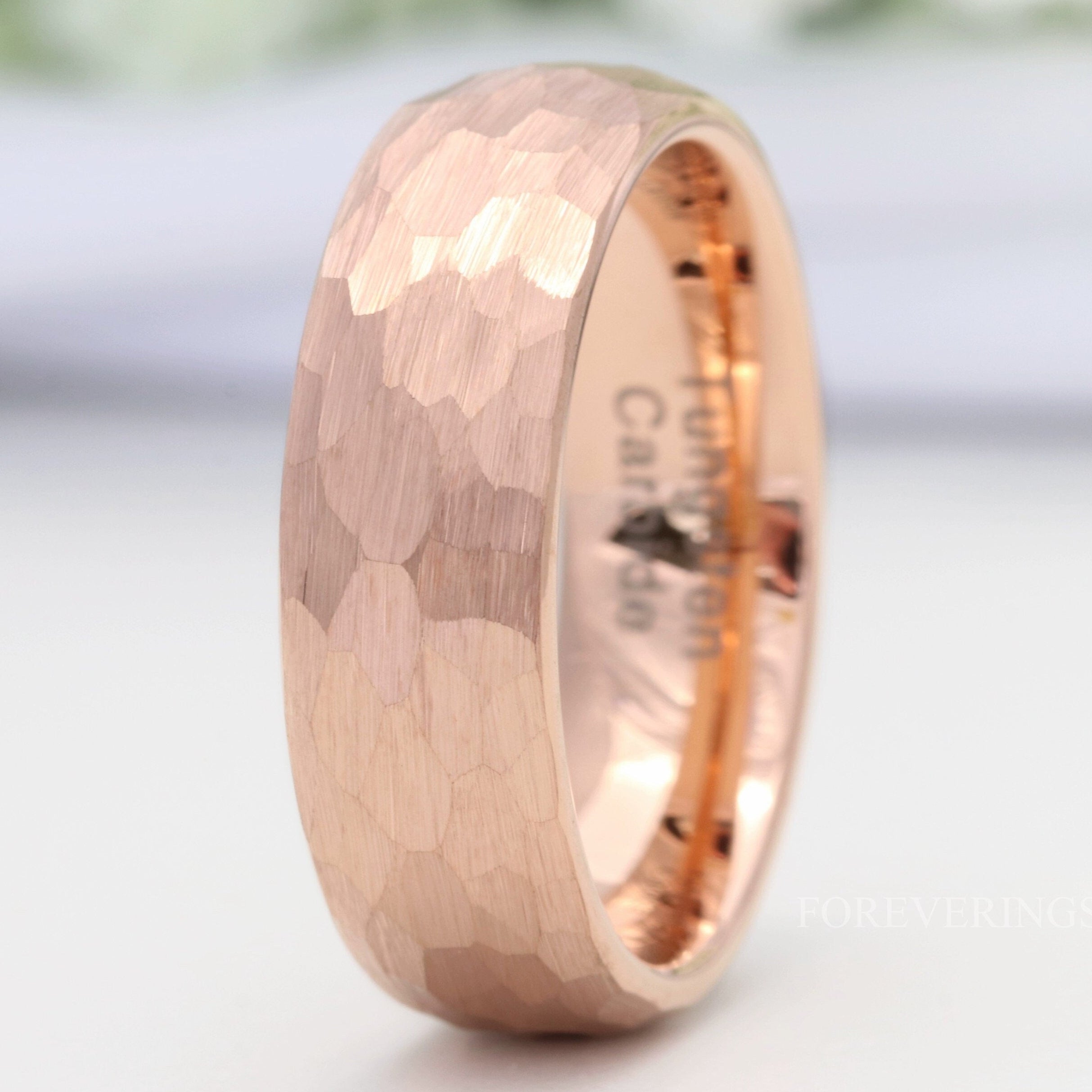 Hammered Rose Gold Wedding Band for Men, 7mm Brushed Tungsten Ring, Simple and Unique Ring, Man Engagement Ring, Promise Ring, Engraved Ring