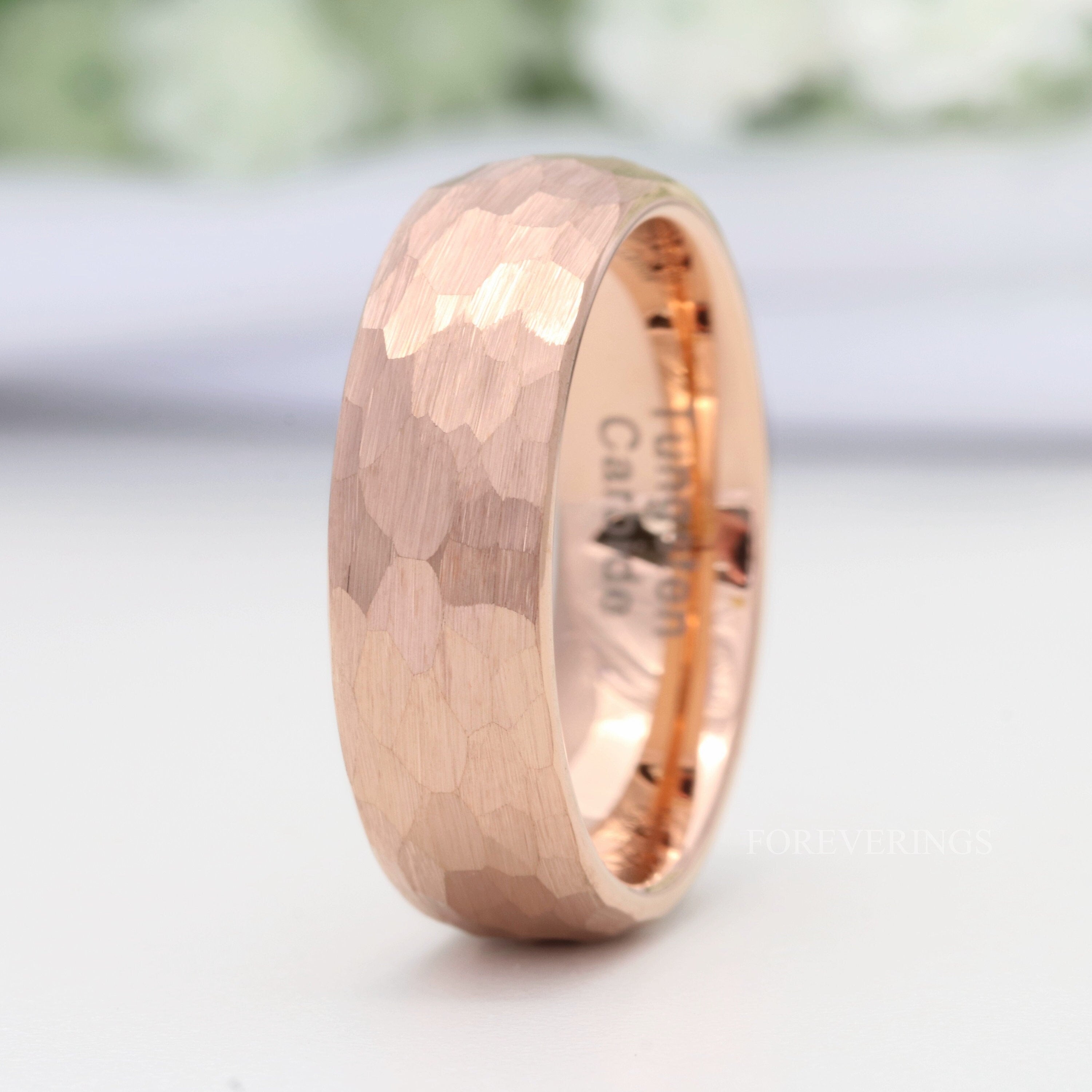 Hammered Rose Gold Wedding Band for Men, 7mm Brushed Tungsten Ring, Simple and Unique Ring, Man Engagement Ring, Promise Ring, Engraved Ring