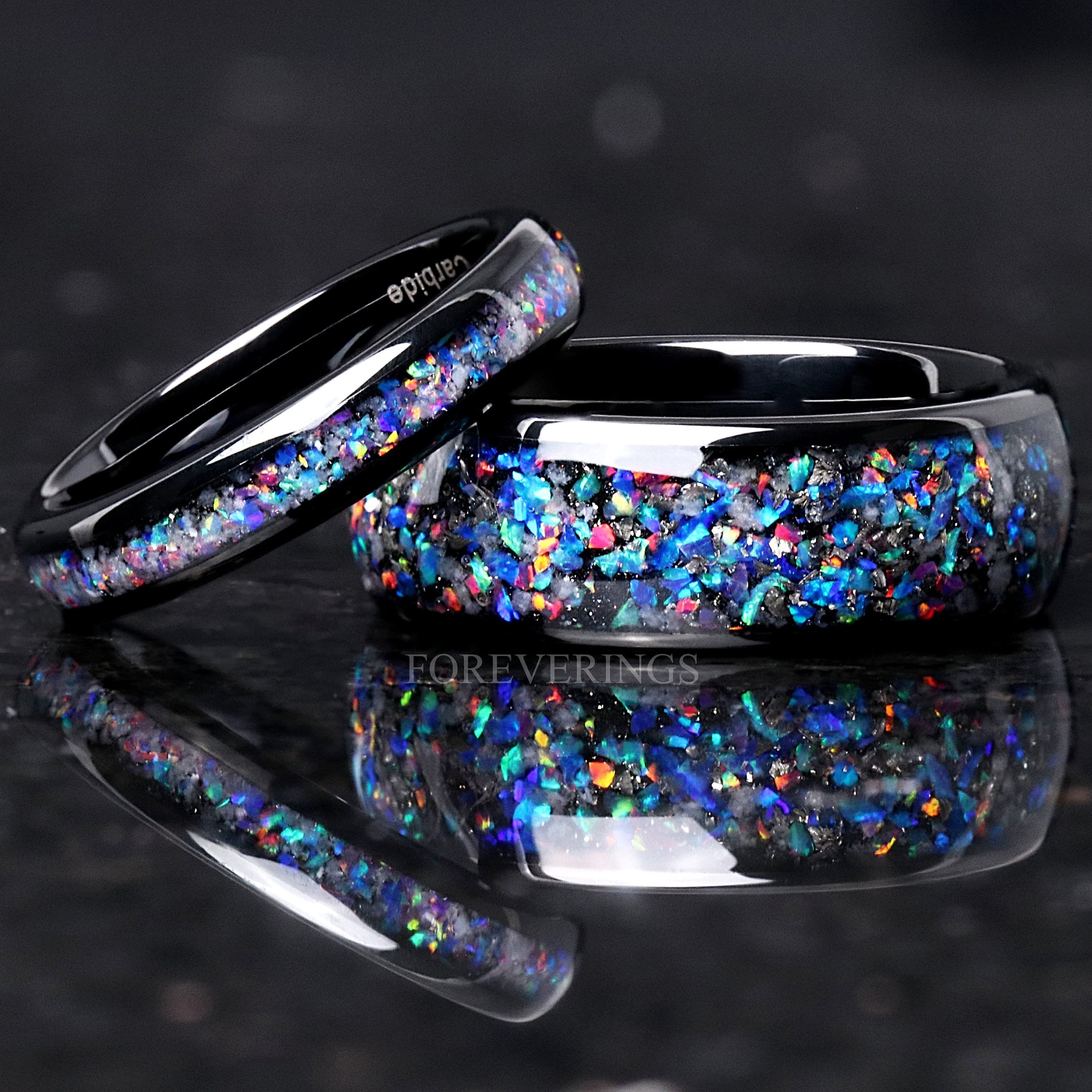 Glow Meteorite and Galaxy Opal Ring Set, His and Hers Tungsten Wedding Bands, 8mm & 4mm Black Rings, Polish, Dome, Couples Ring, Comfort Fit