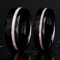 White Fire Opal Mens Wedding Band | 8mm-6mm Black Tungsten