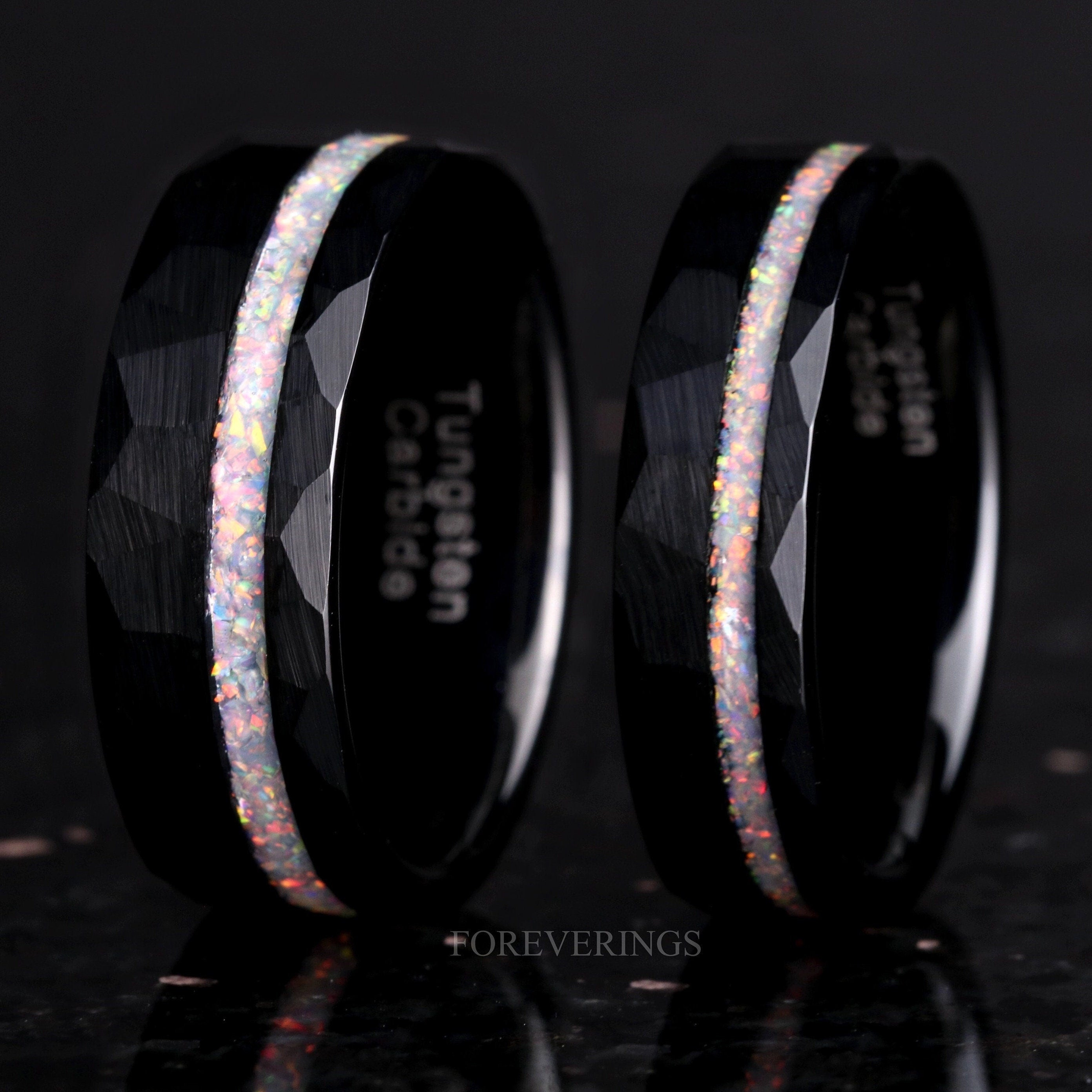 Mens Opal Wedding Band, Black Tungsten Ring, 8mm-6mm, Crushed White Fire Opal, Hammered, Brushed, Flat, Man Engagement Ring, Engraving