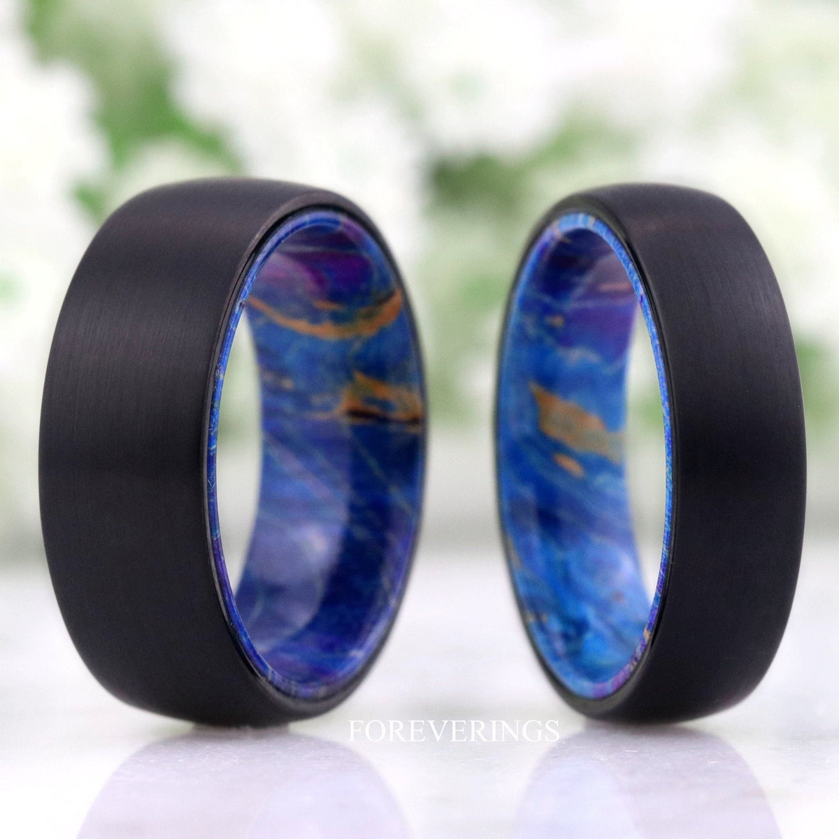 Men Wood Ring, Black Wedding Band, Anniversary Gift, Black and Blue Ring, Unique Tungsten Ring, Brushed, Dome, Blue Wood Lined Wedding Band
