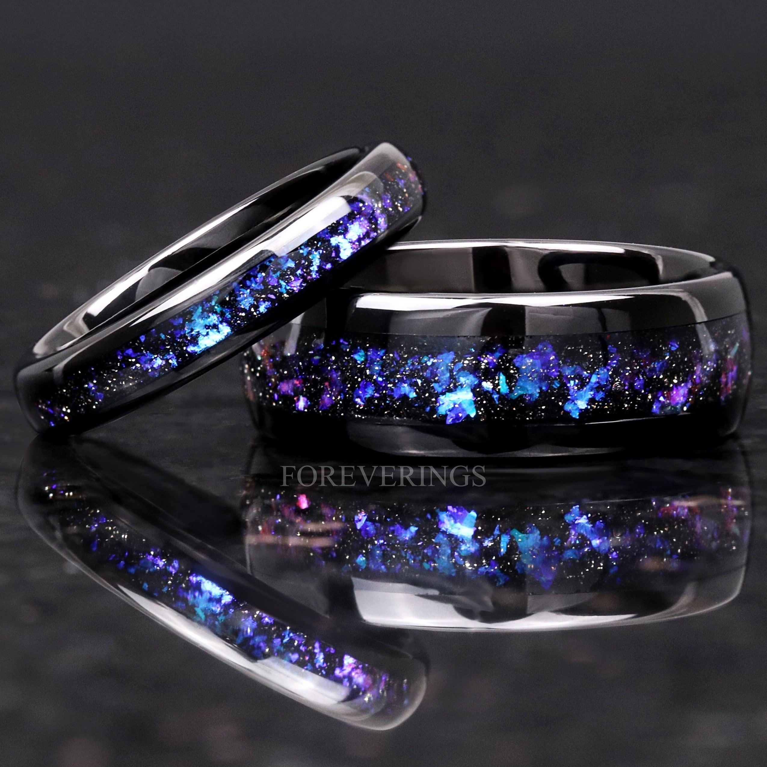 Orion Nebula Ring Set, His and Her Tungsten Wedding Band, 8mm & 4mm Black Ring, Outer Space Couples Ring, Polish, Dome, Comfort Fit