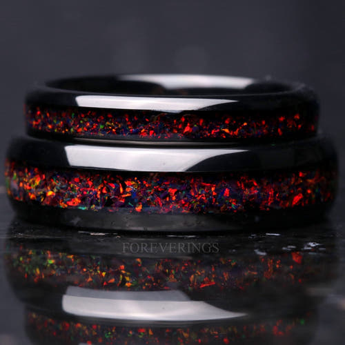 Matching black tungsten couples ring set with black fire opal inlay, 6mm and 4mm, stacked