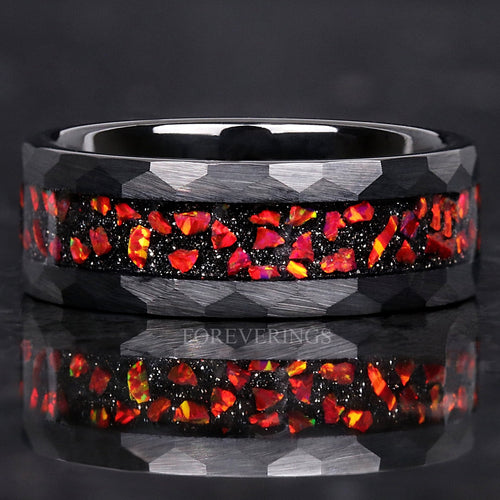 Red Fire Opal | Men's Black Tungsten Ring