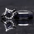 Matching black couples ring set with a pear blue sandstone engagement ring and 8mm tungsten band