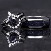 Great Rift Nebula Ring Set, His and Her Wedding Band, Black Ring, Space Couple Ring, Black Tungsten and 925 Sterling Silver, Blue Sandstone