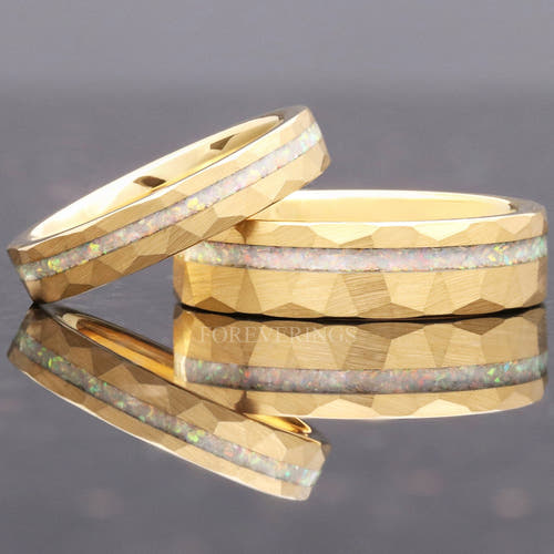 Matching hammered gold tungsten couples ring set with white fire opal inlay, 6mm and 4mm
