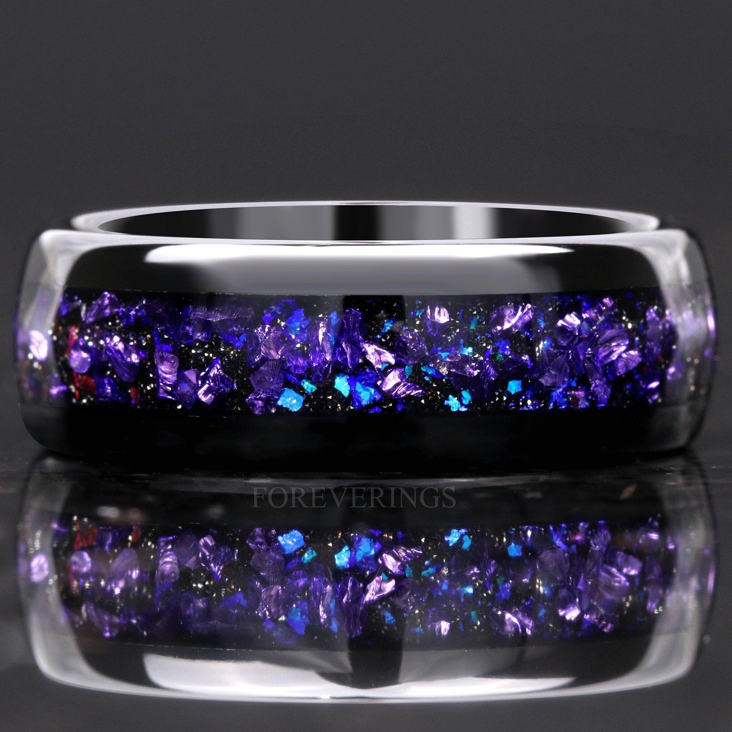 Crab Nebula Ring, Alexandrite Wedding Band, Black Tungsten, 8mm-6mm-4mm Outer Space Ring, Black, Dome, Polish, Unique Purple Ring, Engraving