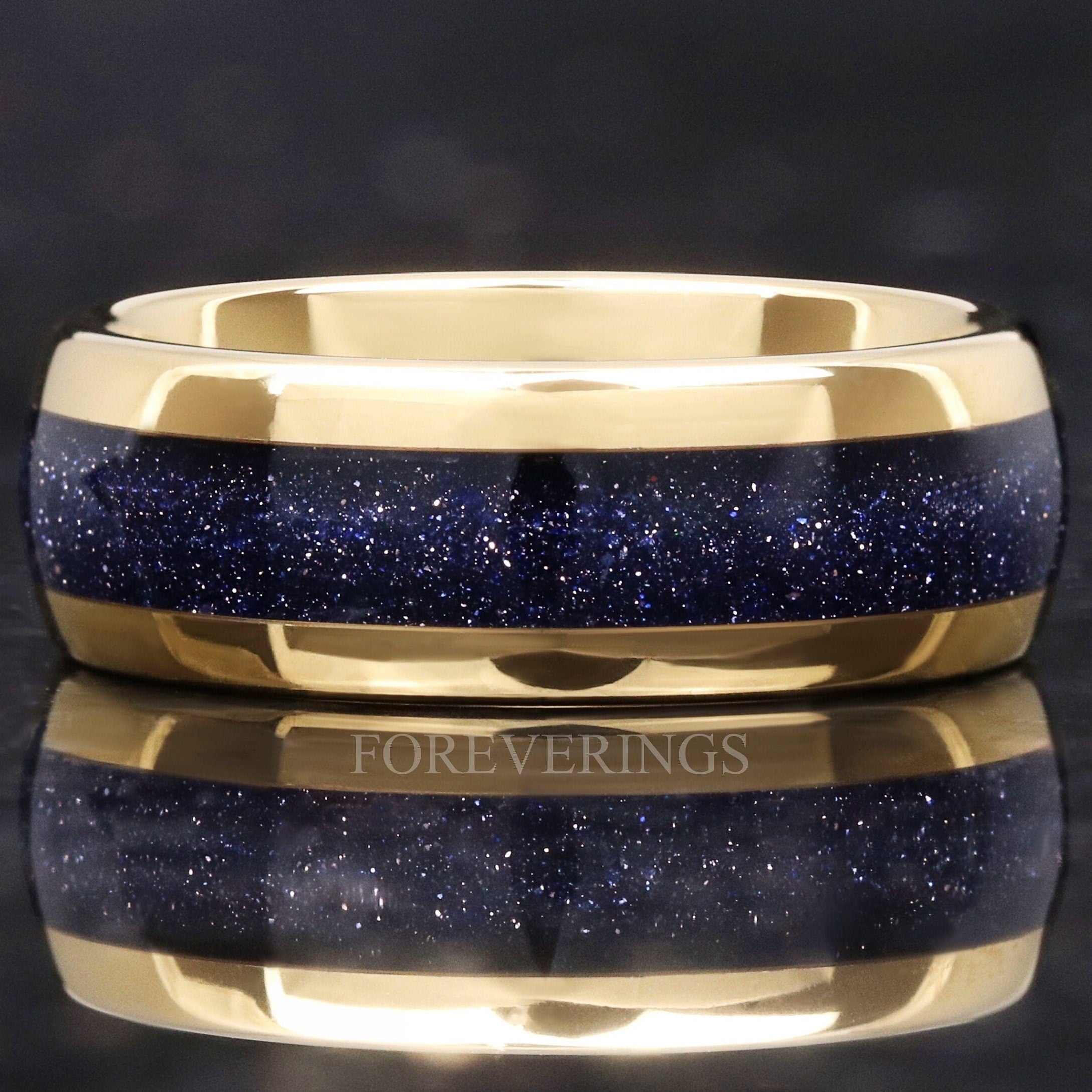 Great Rift Nebula Gold Tungsten Ring, 8mm-6mm-4mm Wedding Band, Outer Space Ring, Dome, Polish, Man Woman Gift, Blue Sandstone Ring