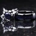 Matching black couples ring set with blue sandstone, pear-cut engagement ring and 8mm tungsten band