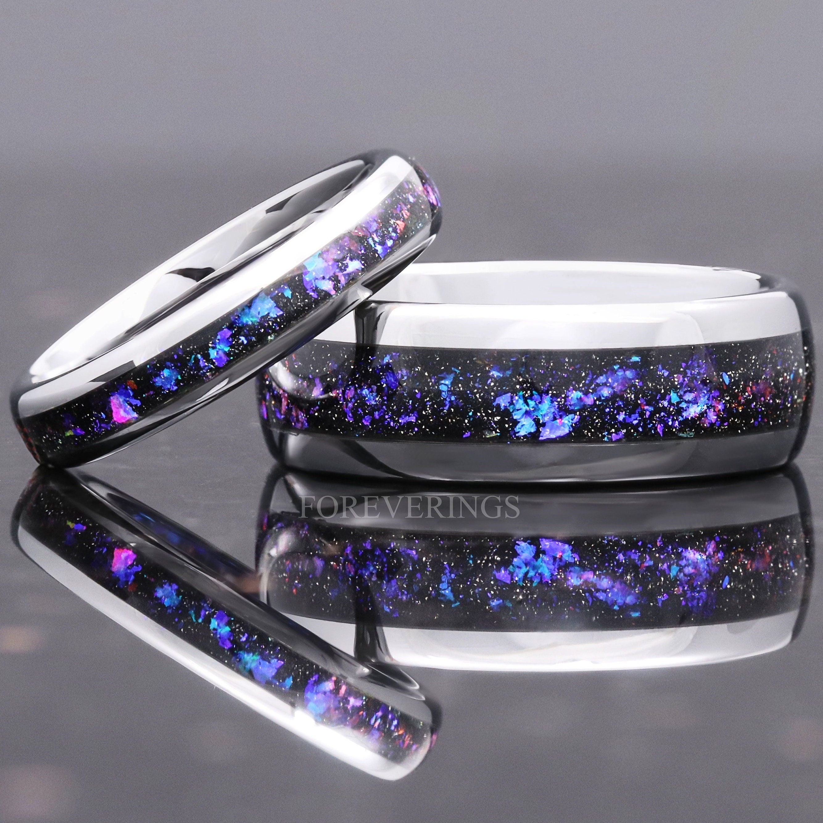 Orion Nebula Ring Set, His and Her Tungsten Wedding Band, 8mm & 4mm Silver Ring, Outer Space Couples Ring, Polish, Dome, Comfort Fit