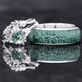Matching silver couples ring set with green moss agate, leaf engagement ring and 8mm tungsten band