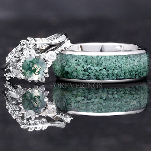 Matching silver couples ring set with green moss agate, leaf engagement ring and 8mm tungsten band