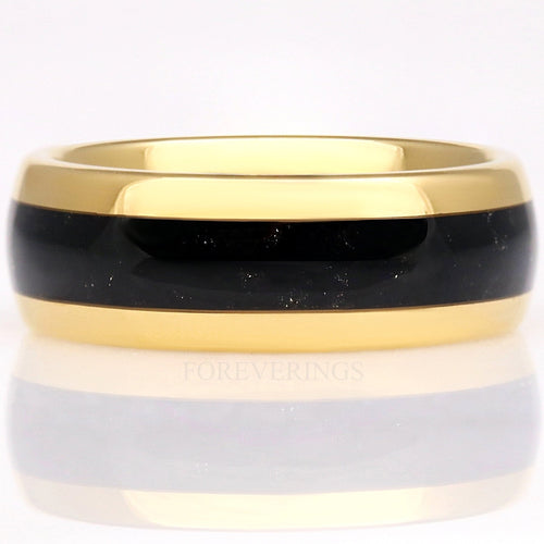 Men's 8mm gold tungsten ring with crushed black onyx inlay, polished dome