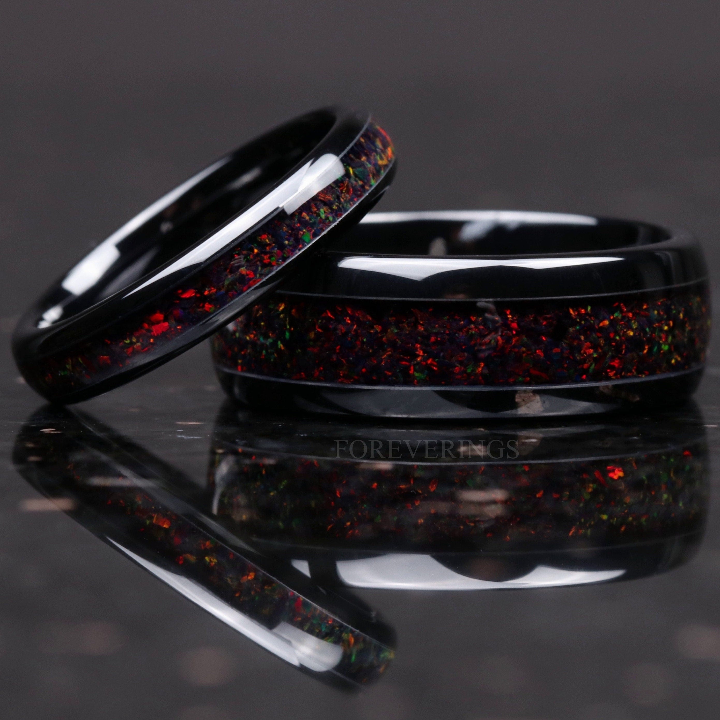 His Her Black Opal Ring Set, Ceramic Wedding Band Set, Black Fire Opal, Personalized Gift, Promise Ring Couples, Polish, Dome, Black Ring