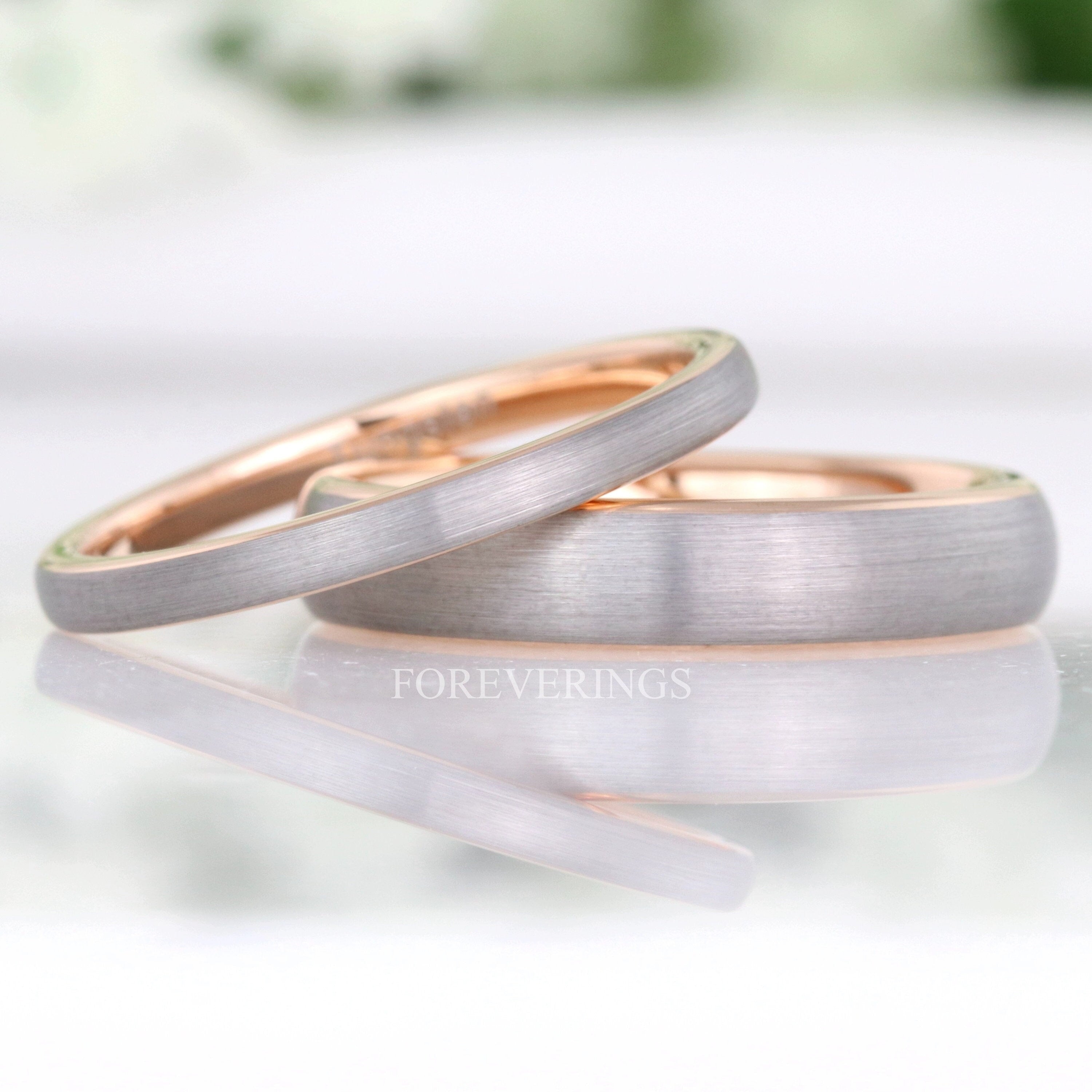 Two Tone Wedding Band, Matte Tungsten Ring, 2mm-4mm Mens Womens Wedding Band, Domed Silver and Rose Gold Ring, Custom Engraved Ring