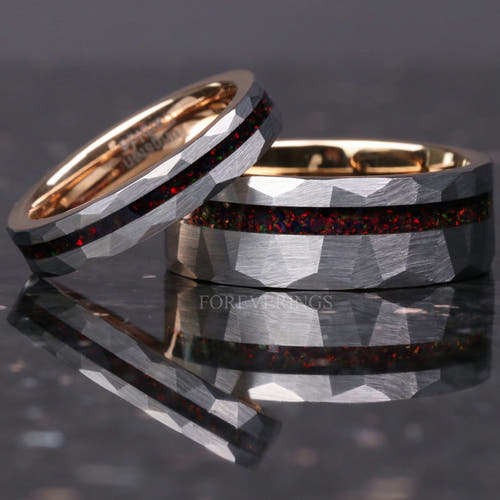 Matching hammered silver and rose gold tungsten couples ring set with black fire opal inlay, 8mm and 4mm