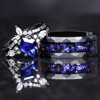 Orion Nebula Ring Set, His and Hers Wedding Band, Sapphire, Black Plated Ring, Outer Space Couples Ring Set, Tungsten and 925 Silver