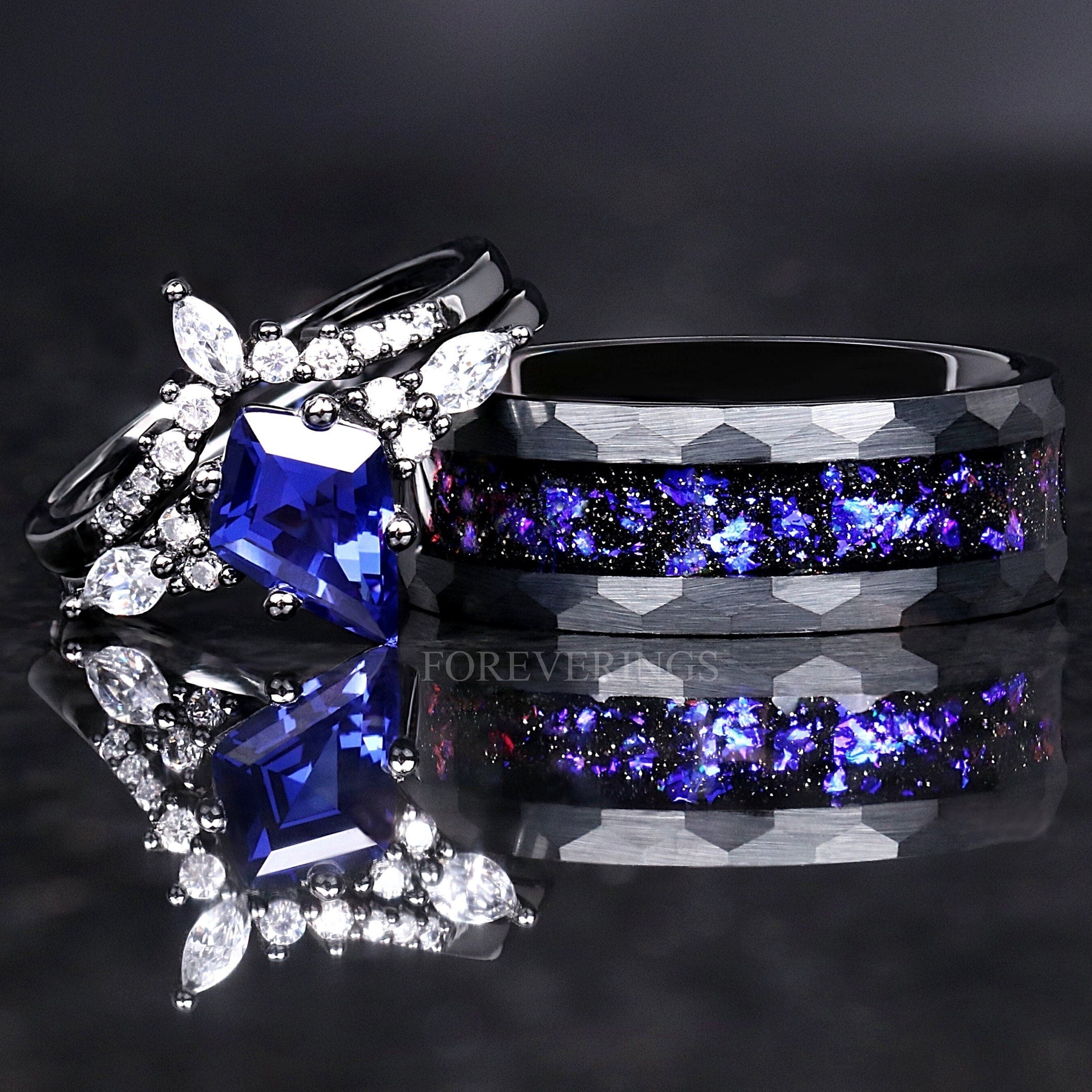 Orion Nebula Ring Set, His and Hers Wedding Band, Sapphire, Black Gold Filled Ring, Outer Space Couples Ring Set, Tungsten and 925 Silver