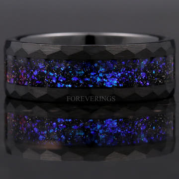 Men's black hammered tungsten band with Orion nebula sandstone inlay, front view