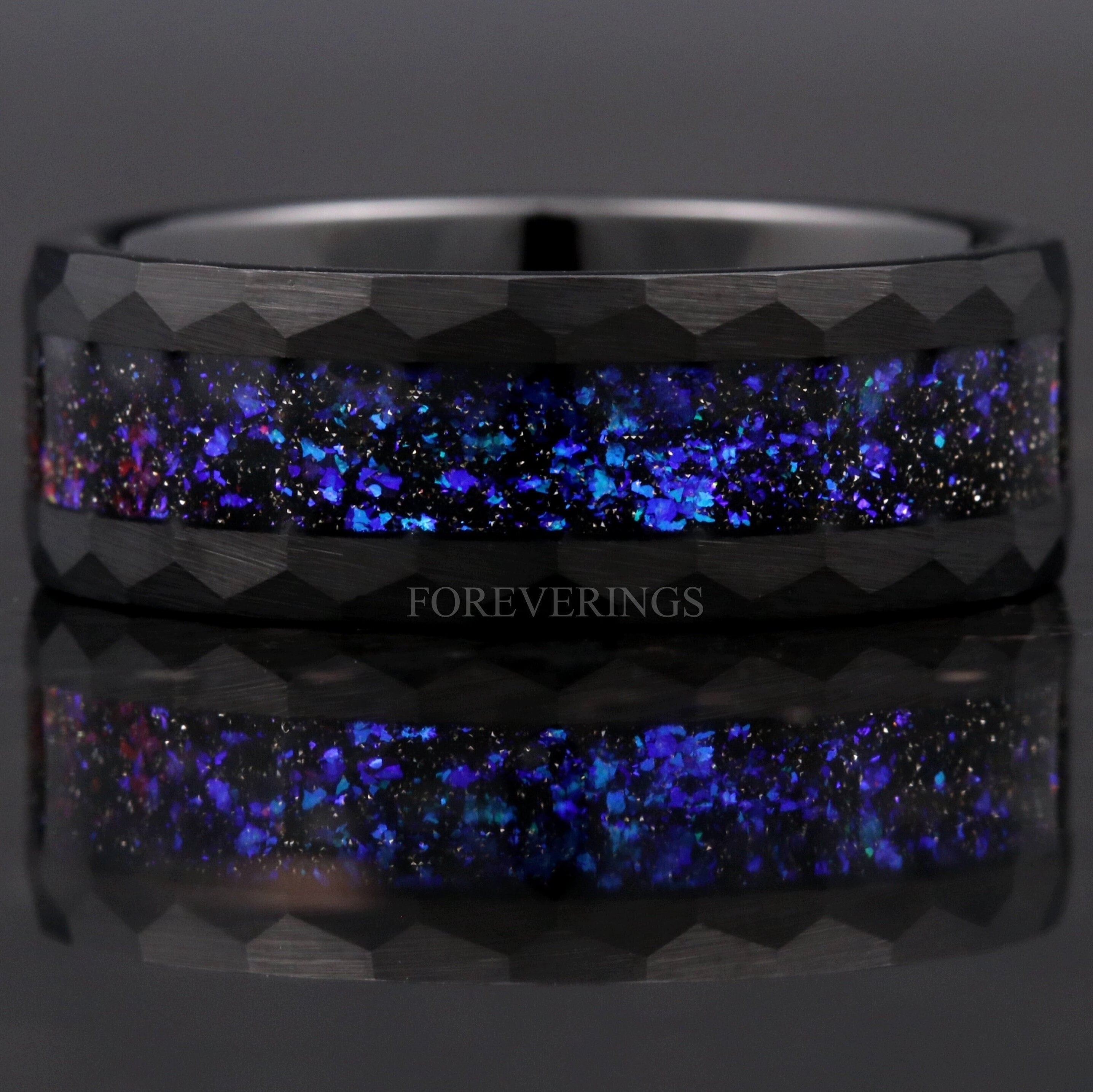 Orion Nebula Ring Hammer, Black Tungsten Outer Space Ring, 8mm-6mm-4mm, Men Woman Wedding Band, Flat Brush Hammer, Blue Nebula Ring, Engrave