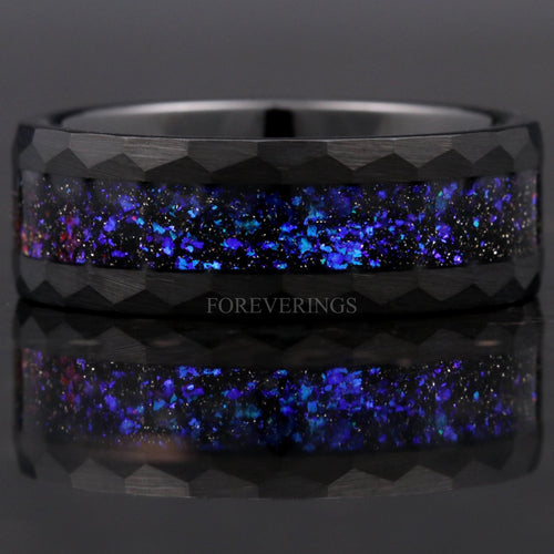 Orion Nebula Ring Hammer, Black Tungsten Outer Space Ring, 8mm-6mm-4mm, Men Woman Wedding Band, Flat Brush Hammer, Blue Nebula Ring, Engrave