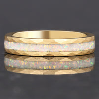 Crushed White Opal Yellow Gold Tungsten Ring | Hammered Wedding Band