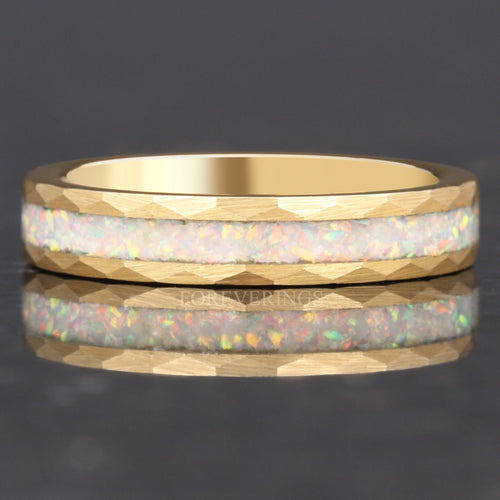 4mm hammered gold tungsten ring with crushed white fire opal inlay, shown straight on