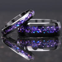 Crab Nebula Ring Set, His and Her Tungsten Wedding Band, 8mm & 4mm Black Ring Set, Alexandrite Outer Space Ring, Polish, Dome, Comfort Fit