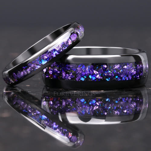 Matching black tungsten couples ring set with Crab nebula alexandrite and purple sandstone inlay, 8mm and 4mm