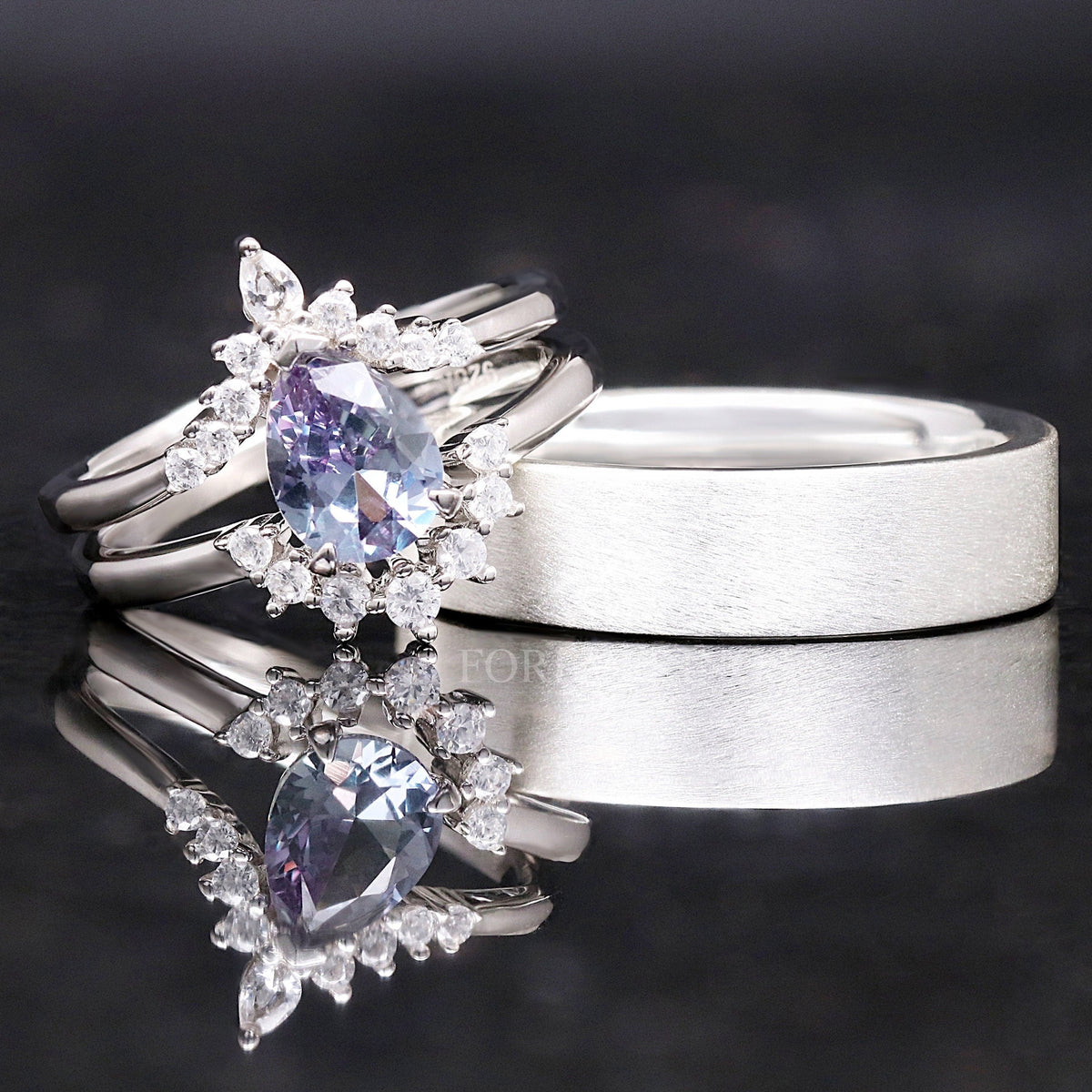 Alexandrite Ring Set, His and Her Wedding Bands, Pear Cut Stone, 925 Sterling Silver Ring Set, Engagement Birthday Anniversary Gift