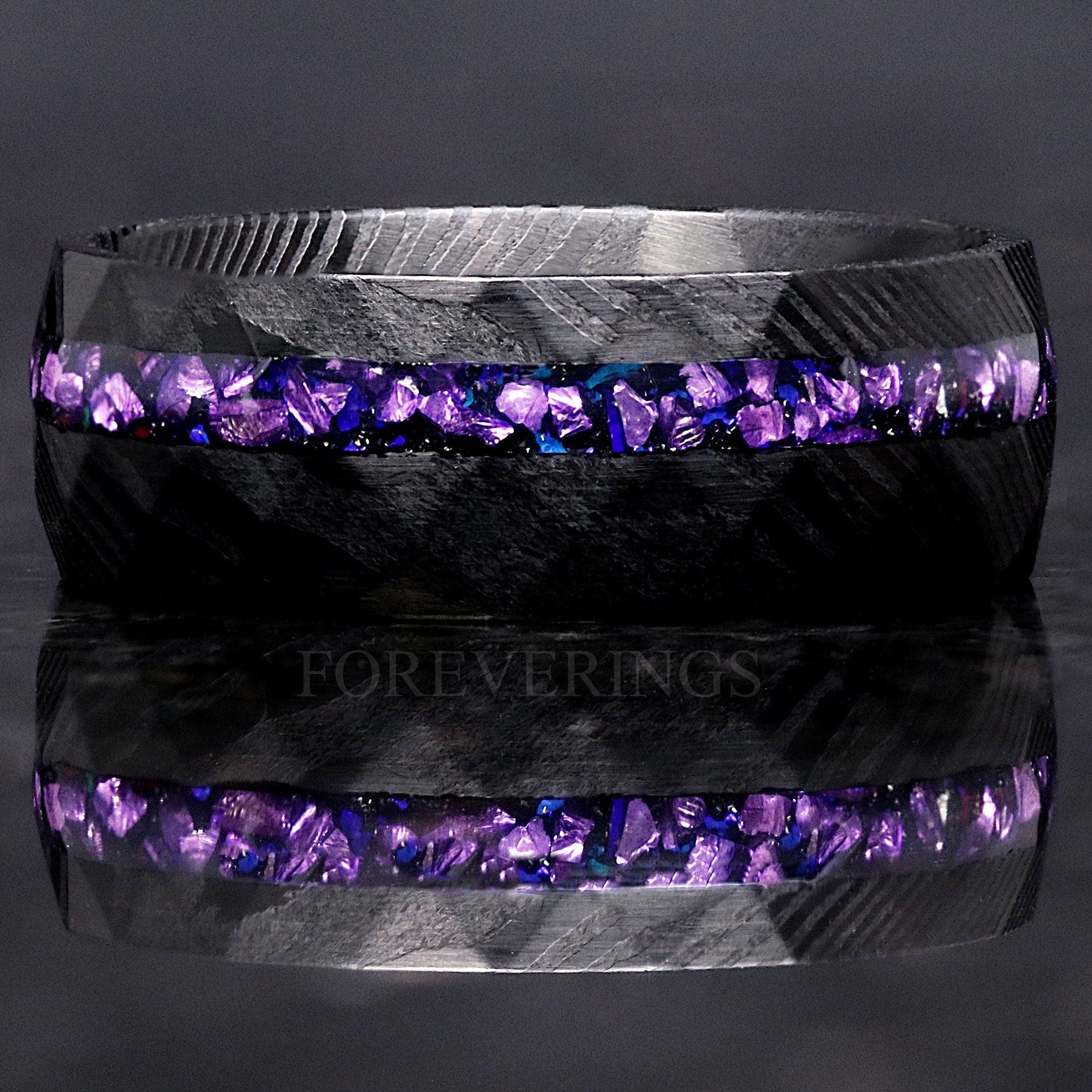 Black Damascus Ring Man, Crab Nebula Ring, Alexandrite Wedding Band, 8mm Facet Hammer Ring, Purple Space Ring, Steel, Unique, Ring Engraving